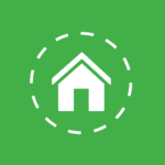 White vector graphic of a home with a dashed cricle surrounding it on a green background.